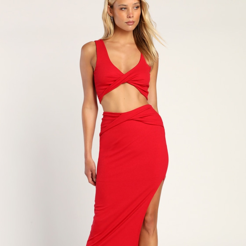 Lulus Make My Move Red Ribbed Twist-front Two-piece Midi Dress - Size S. NWT!